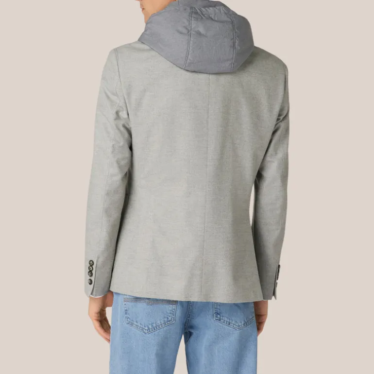 Herringbone Patch Pocket Hoodie Blazer - Grey