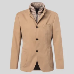 Hi-Collar Patch Pocket Quilted Inlay Jacket - Light Brown