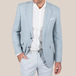 Houndstooth Cotton / Linen Blazer - Light Blue