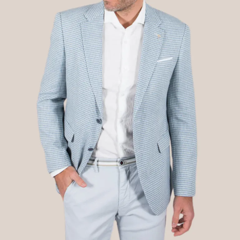 Houndstooth Cotton / Linen Blazer - Light Blue