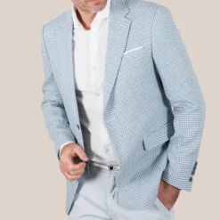 Houndstooth Cotton / Linen Blazer - Light Blue