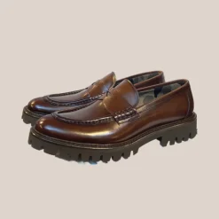 Leather Penny Loafer with Lug Sole Tread - Brown