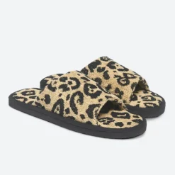 Leopard Print Terry Open Toe Slippers - Tan