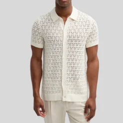 Mesh Knit Pattern Polo Collar Shirt - Cream