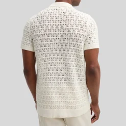 Mesh Knit Pattern Polo Collar Shirt - Cream