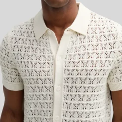 Mesh Knit Pattern Polo Collar Shirt - Cream