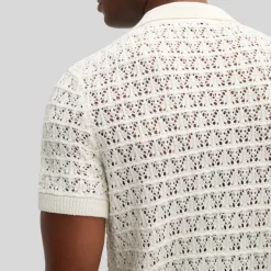 Mesh Knit Pattern Polo Collar Shirt - Cream