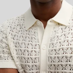Mesh Knit Pattern Polo Collar Shirt - Cream