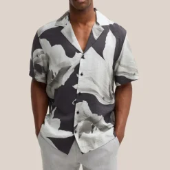 Mono Floral Design Cuban Collar Shirt - Navy