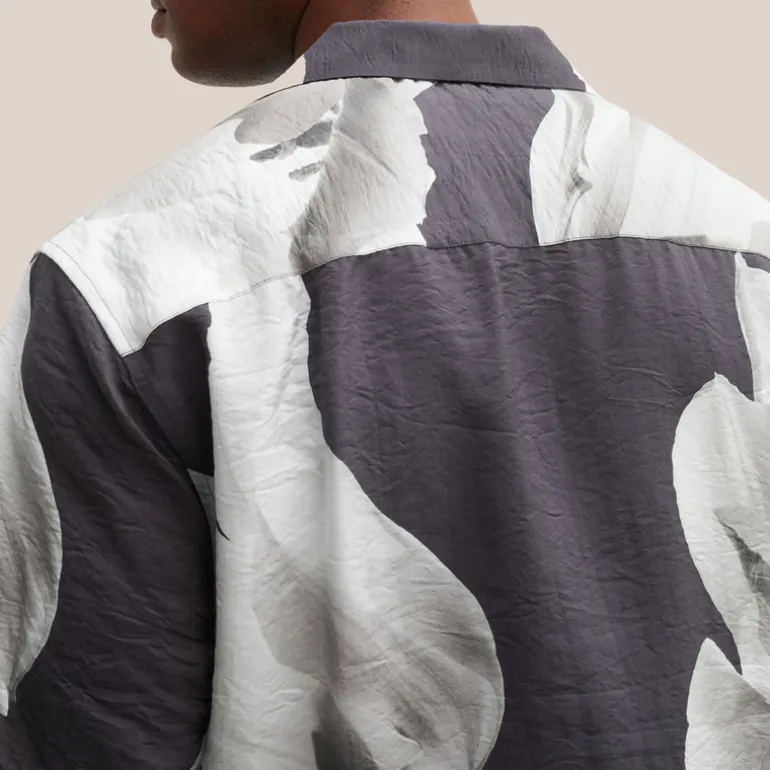 Mono Floral Design Cuban Collar Shirt - Navy