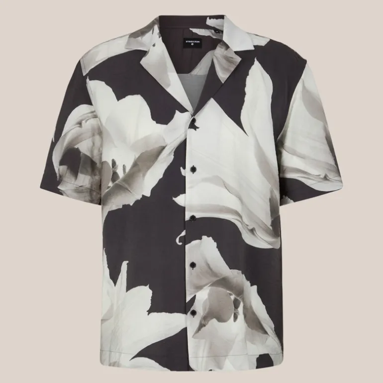 Mono Floral Design Cuban Collar Shirt - Navy
