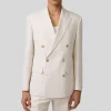 Mottled Linen Blend Double Breasted Suit Jacket - Off-White