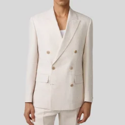 Mottled Linen Blend Double Breasted Suit Jacket - Off-White