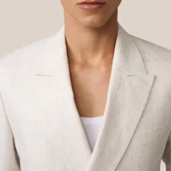 Mottled Linen Blend Double Breasted Suit Jacket - Off-White