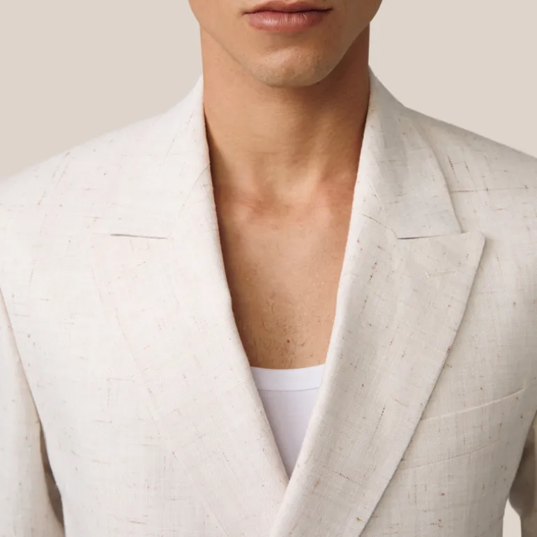 Mottled Linen Blend Double Breasted Suit Jacket - Off-White