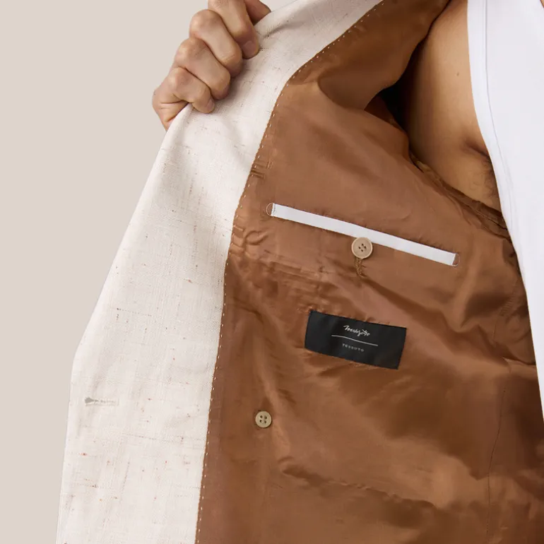 Mottled Linen Blend Double Breasted Suit Jacket - Off-White