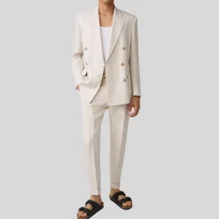 Mottled Linen Blend Double Breasted Suit Jacket - Off-White