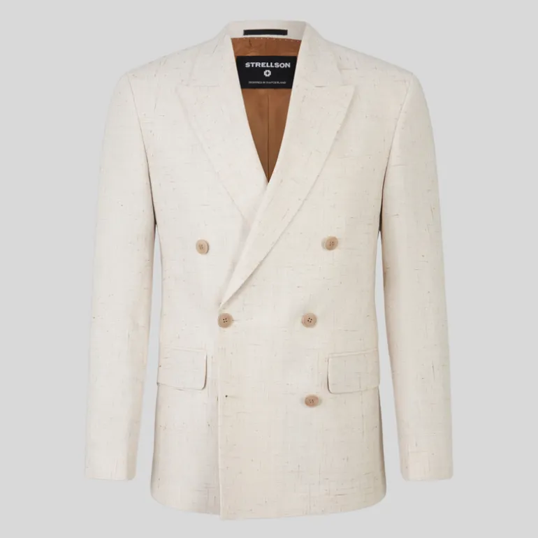Mottled Linen Blend Double Breasted Suit Jacket - Off-White