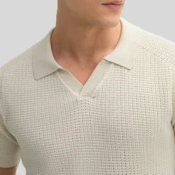 Open Collar Textured Knit Polo - Cream