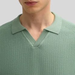 Open Collar Textured Knit Polo - Green