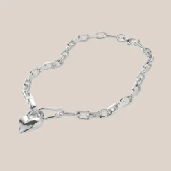 Padlock Heart Pendant Chain Link Necklace - Silver
