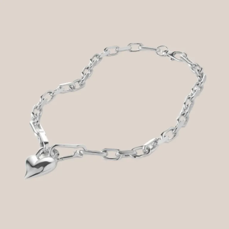 Padlock Heart Pendant Chain Link Necklace - Silver