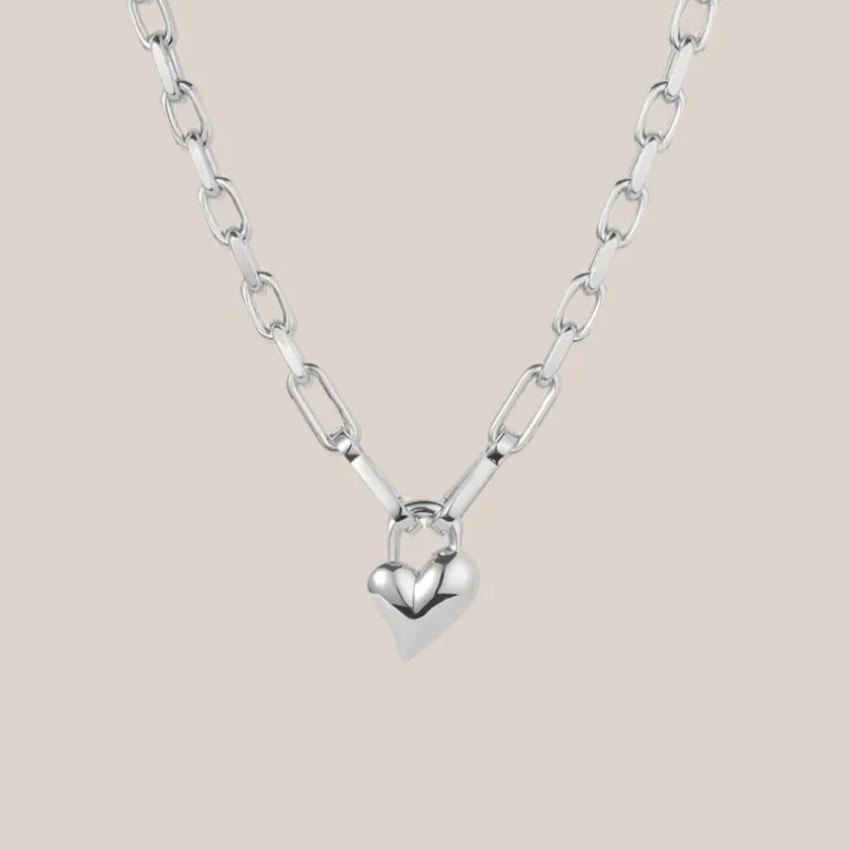 Padlock Heart Pendant Chain Link Necklace - Silver