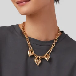 Padlock Triple Hearts Pendant Chain Link Necklace - Gold