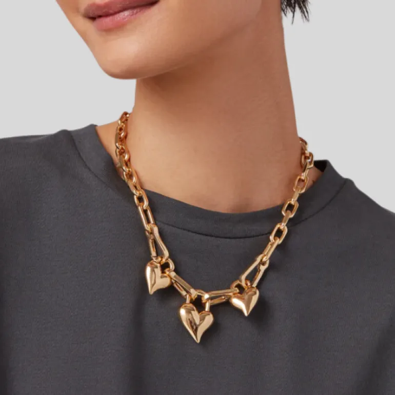 Padlock Triple Hearts Pendant Chain Link Necklace - Gold