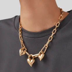Padlock Triple Hearts Pendant Chain Link Necklace - Gold