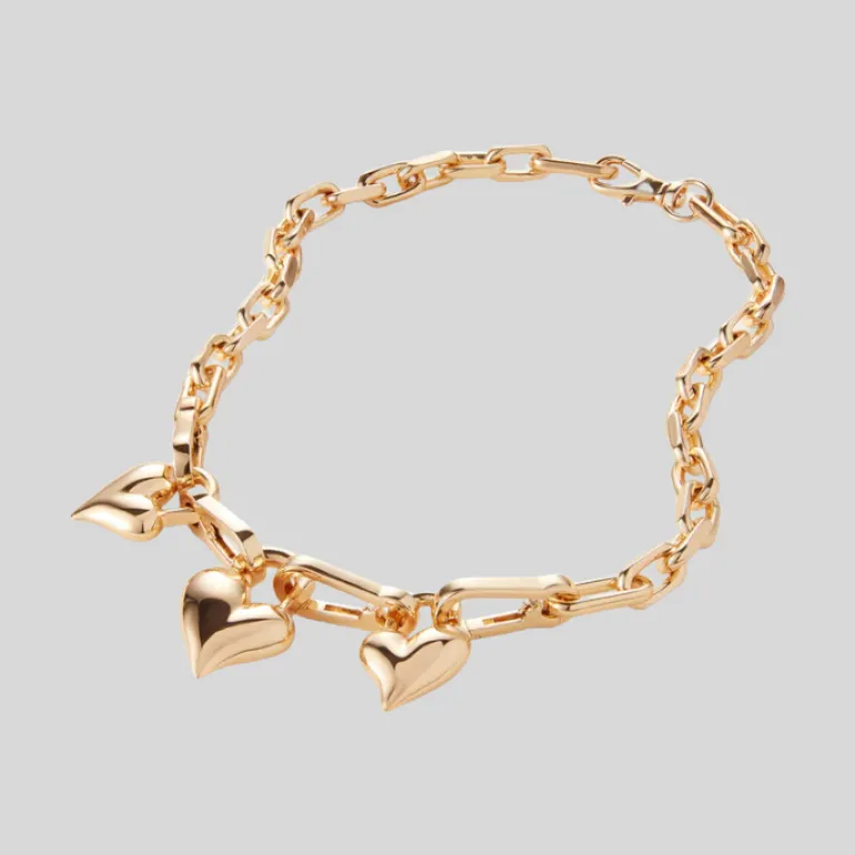 Padlock Triple Hearts Pendant Chain Link Necklace - Gold