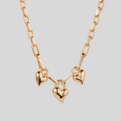 Padlock Triple Hearts Pendant Chain Link Necklace - Gold
