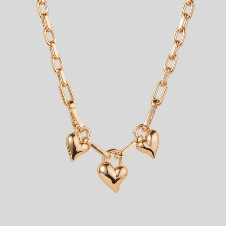 Padlock Triple Hearts Pendant Chain Link Necklace - Gold