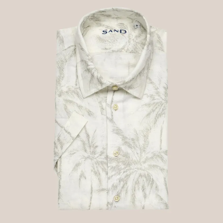 Palm Tree Print Linen/Cotton Shirt - Off-White