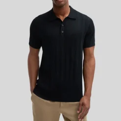 Perforated Pattern Knit Polo - Black