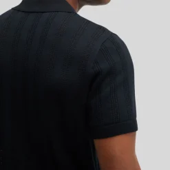 Perforated Pattern Knit Polo - Black