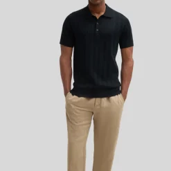 Perforated Pattern Knit Polo - Black