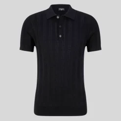 Perforated Pattern Knit Polo - Black