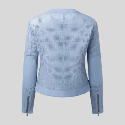 Perforated Soft Leather Biker Jacket - Light Blue