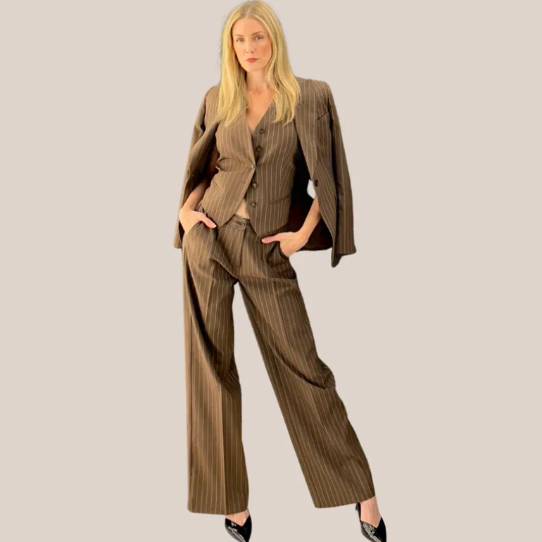 Pinstripe Peak Lapel Blazer - Brown