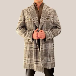 Plaid Checks Double Breasted Woolen Jacket - Grey