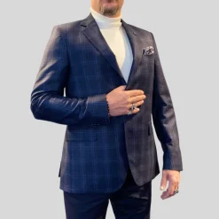 Plaid Checks Wool Blazer - Camel/Navy