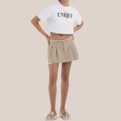 Pleated Raw Hem Twill Mini Skirt - Tan