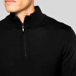 Quarter-Zip Mock Neck Merino Wool Sweater - Black