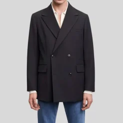 Relaxed Double Breasted Wool Blend Blazer - Black