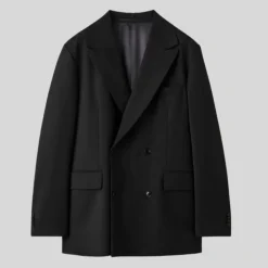 Relaxed Double Breasted Wool Blend Blazer - Black