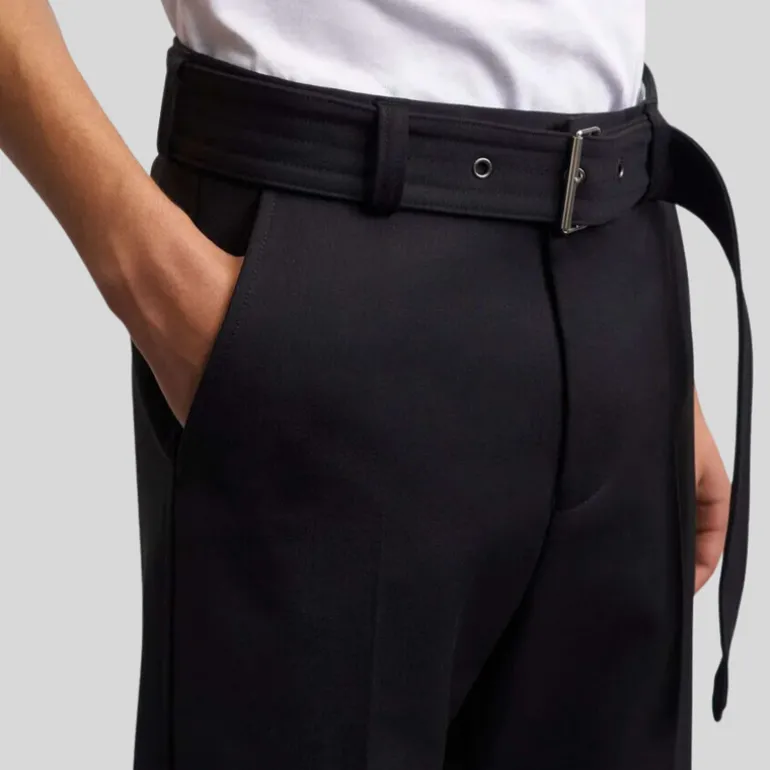 Relaxed Fit Belted Wool Blend Trouser - Black