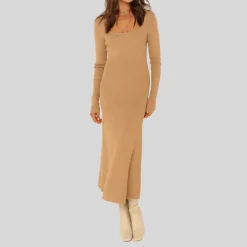 Ribbed Knit A-Line Midi Dress - Tan