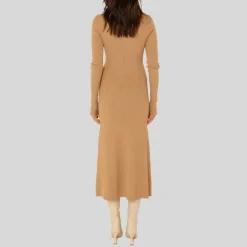 Ribbed Knit A-Line Midi Dress - Tan