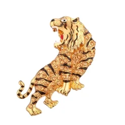 Roaring Tiger Rhinestone Brooch Pin - Champagne